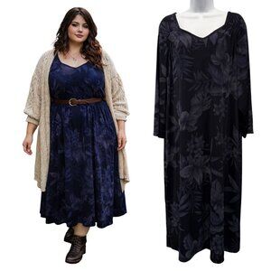 VTG Avenue Stretch Blue Floral Jersey Knit Dress Size 22/24 Dark Cottagecore